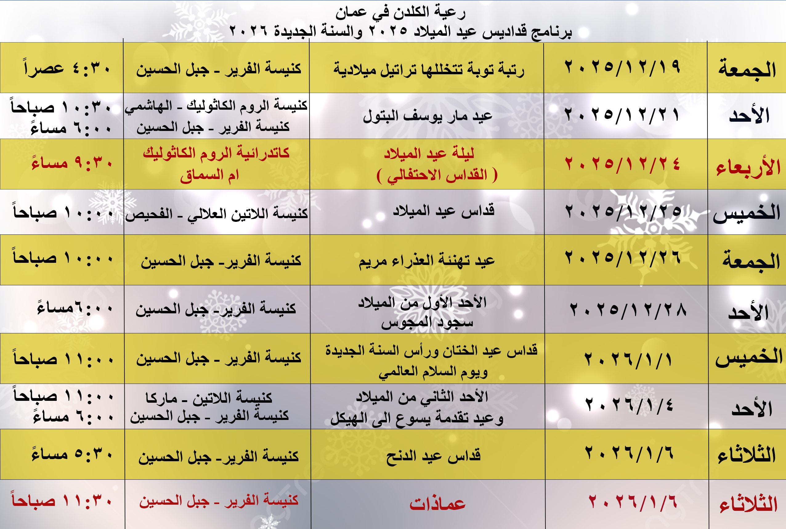 برنامج قداديس عيد الميلاد 2025 والسنة الجديدة 2026